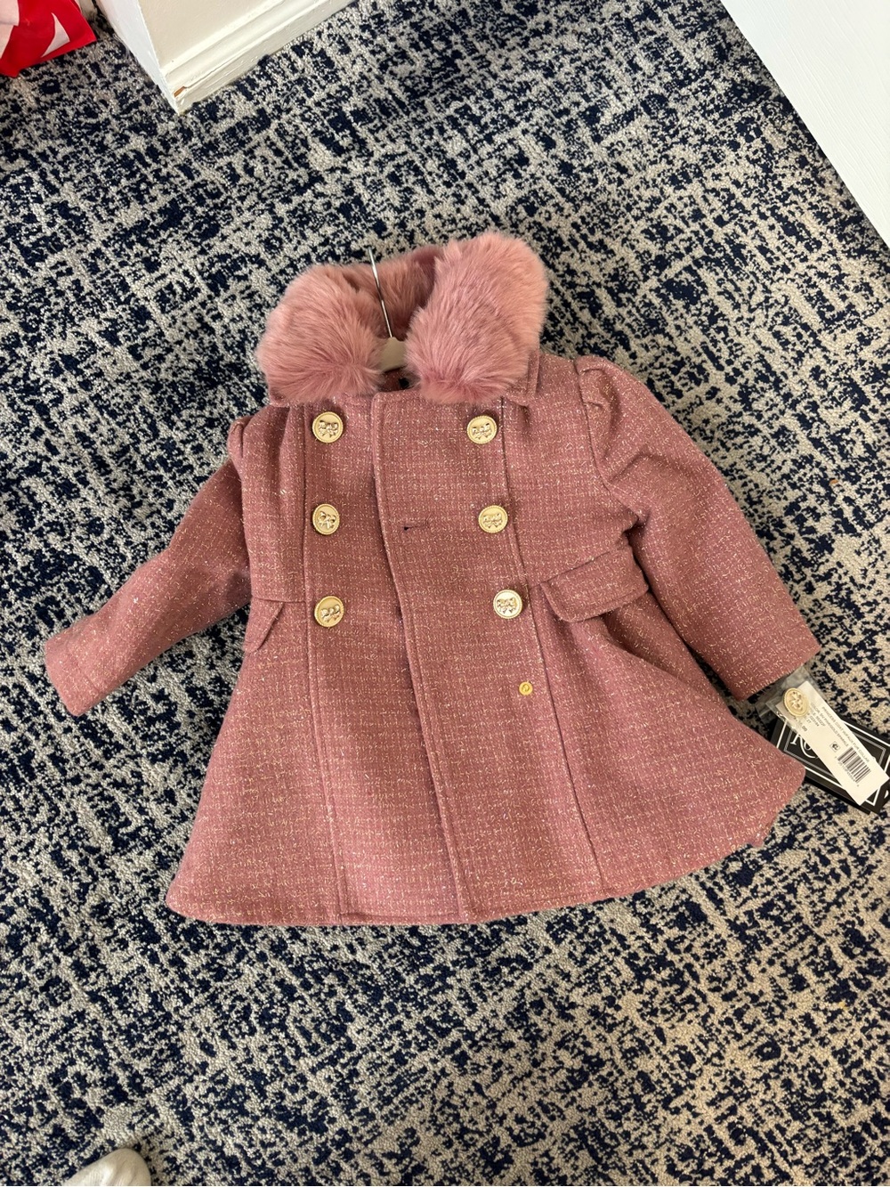 Rothschild Dusty Pink Double-Breasted Pea Coat with Faux Fur Collar